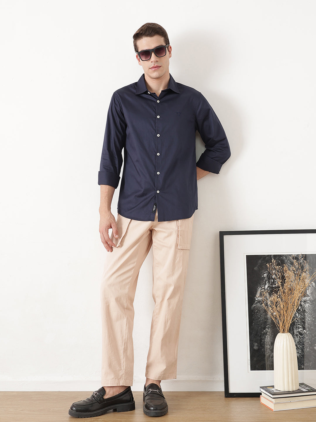 Navy Premium Slim Fit Solid Cotton Casual Shirt For Men