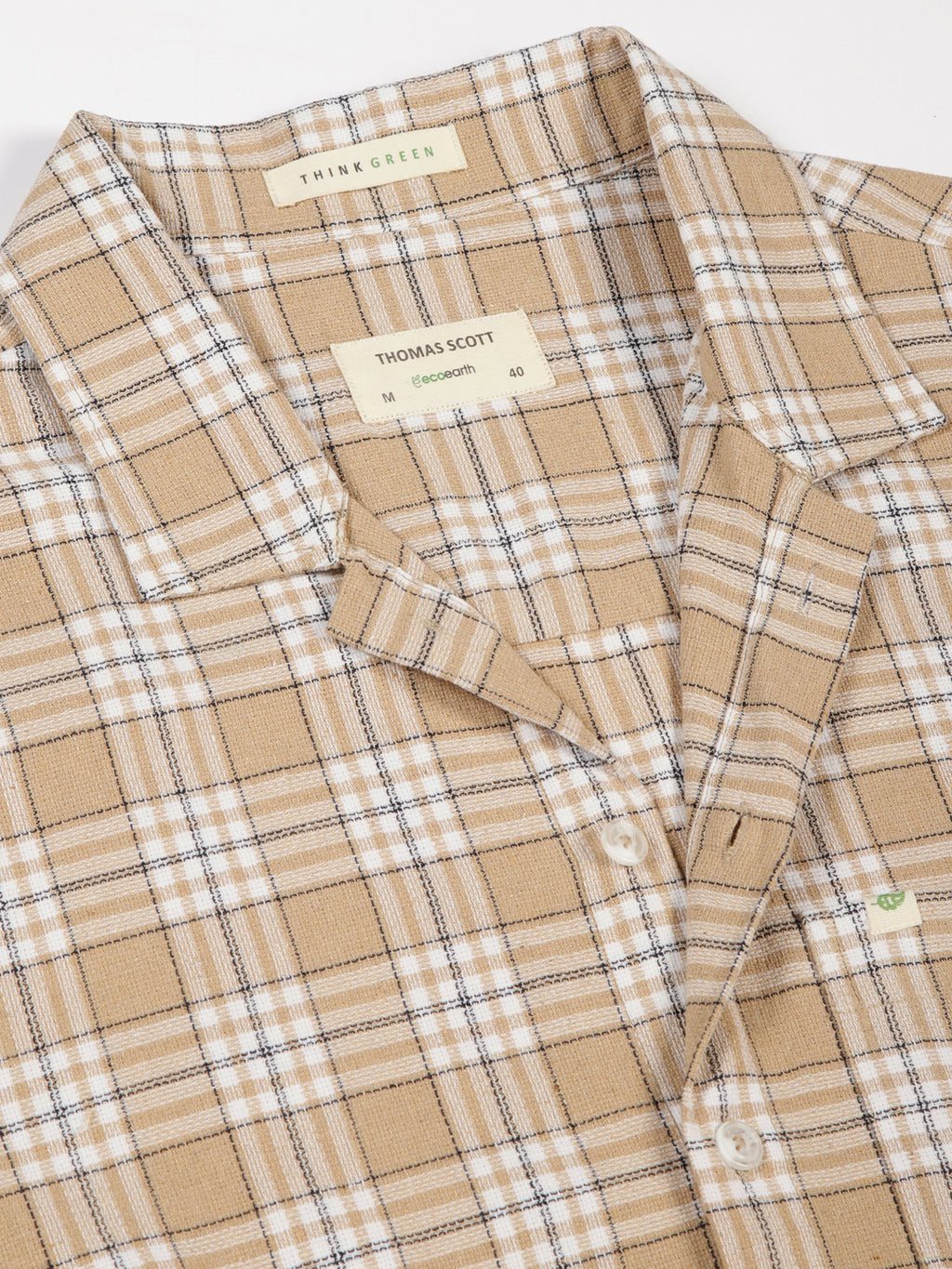 Thomas Scott Men Beige Premium Oversized Short Sleeves Tartan Checks Cuban Collar Casual Shirts