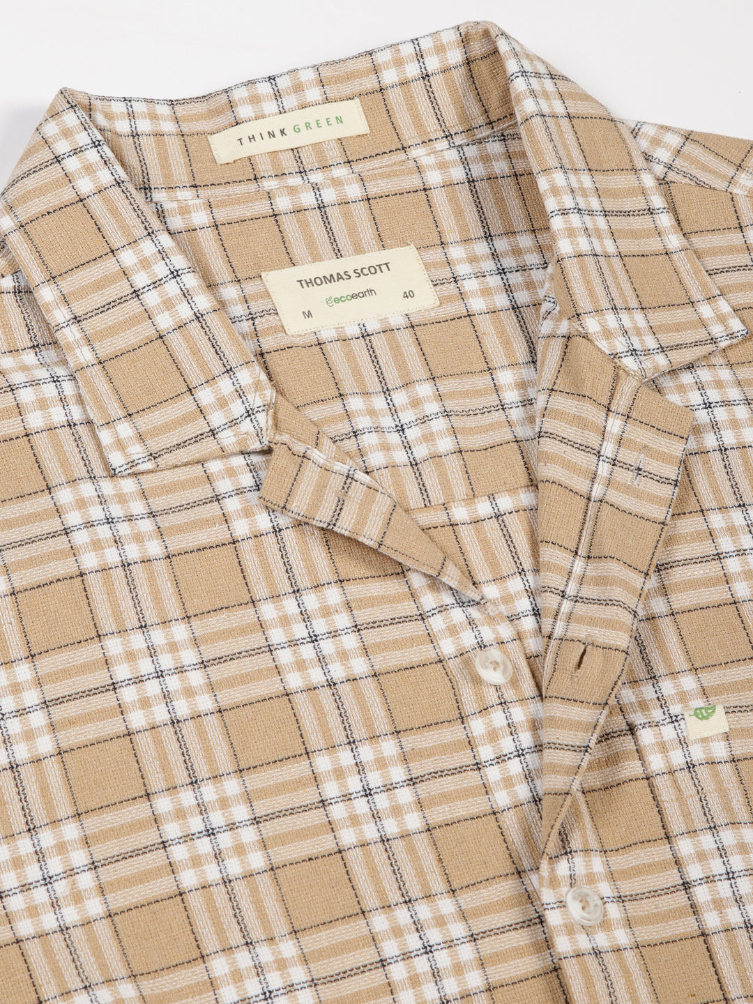 Thomas Scott Men Beige Premium Oversized Short Sleeves Tartan Checks Cuban Collar Casual Shirts
