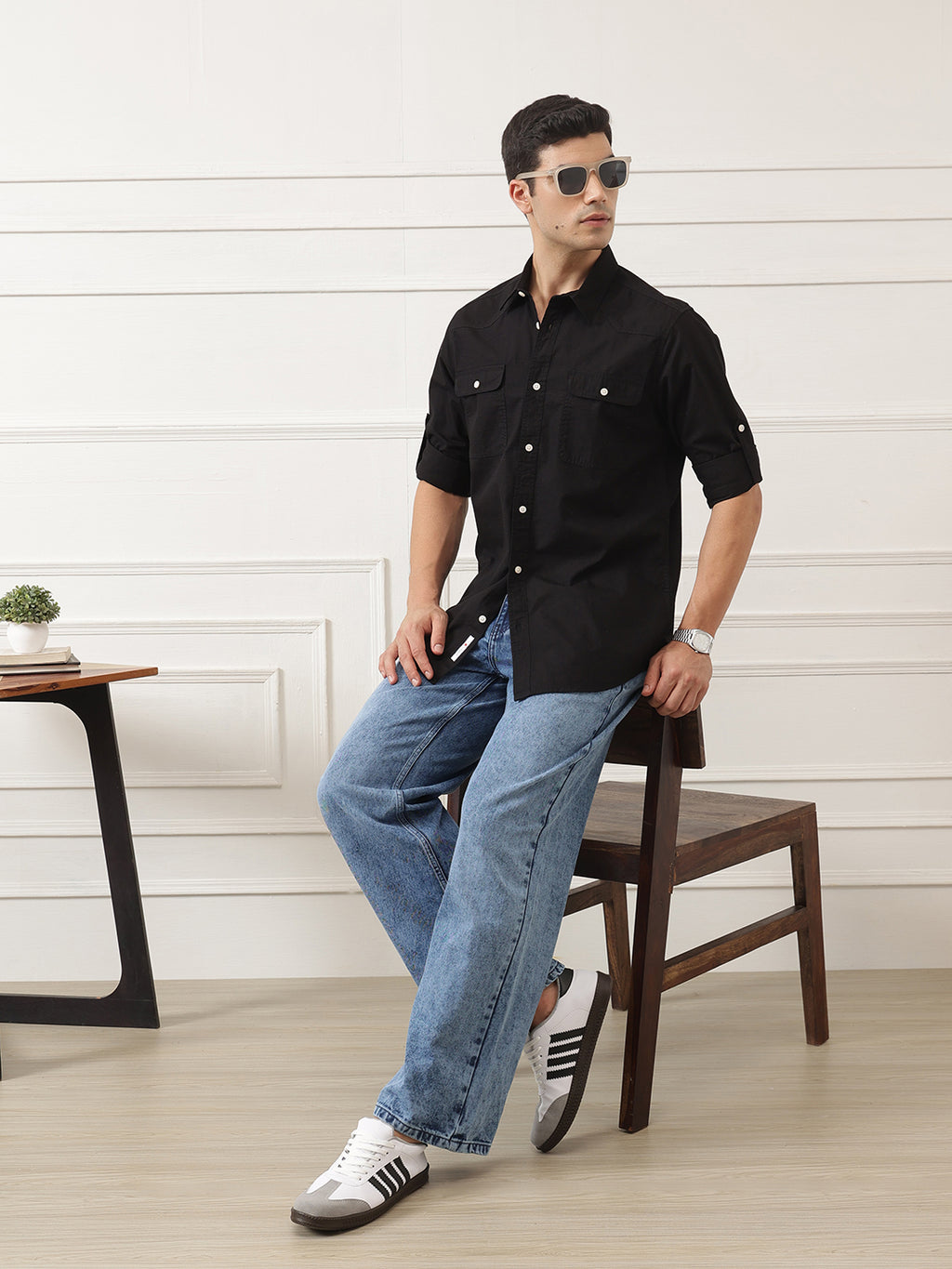 Black Roll-Up Sleeve Regular Fit Spread Collar Textured Cotton Casual Shirt For Men