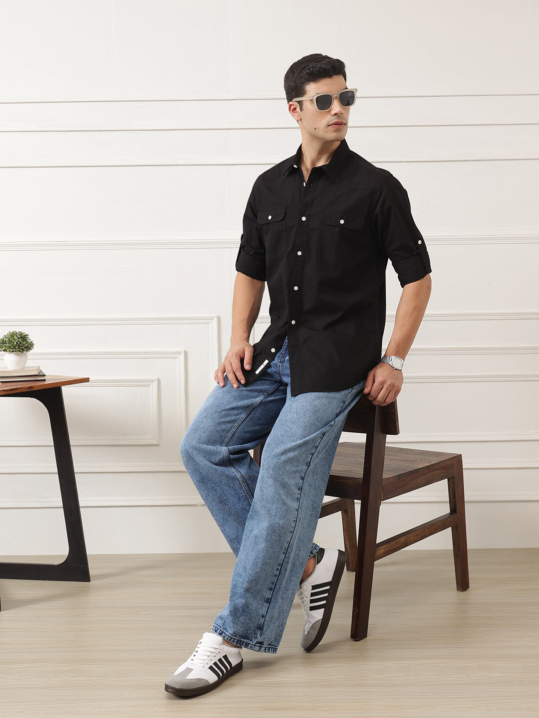 Black Roll-Up Sleeve Regular Fit Spread Collar Textured Cotton Casual Shirt For Men