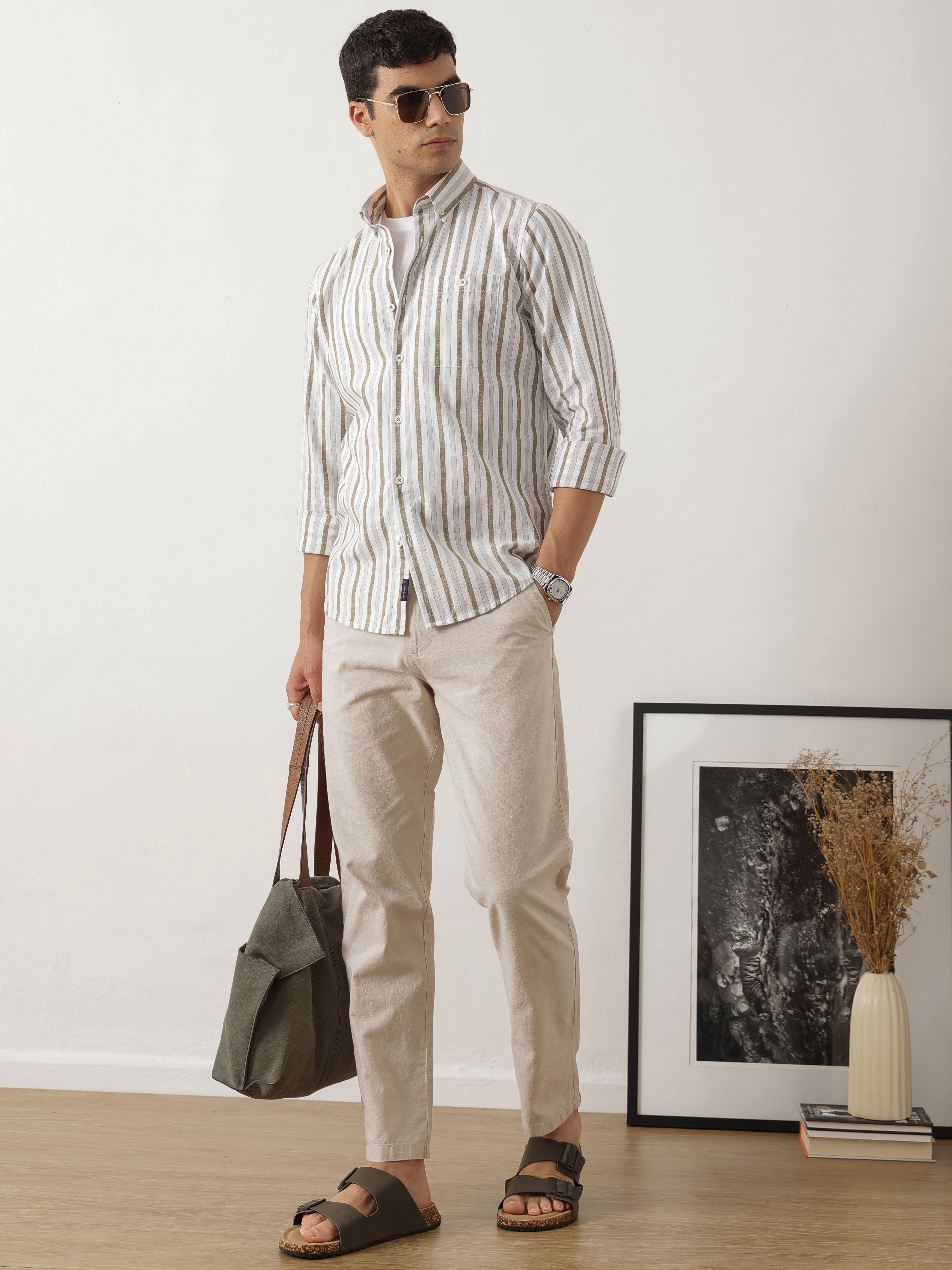 Thomas Scott Men Smart Beige Straight Fit Mid-Rise Solid Woven Linen Trouser