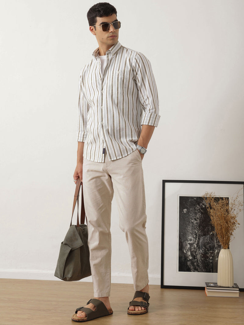 Thomas Scott Men Smart Beige Straight Fit Mid-Rise Solid Woven Linen Trouser