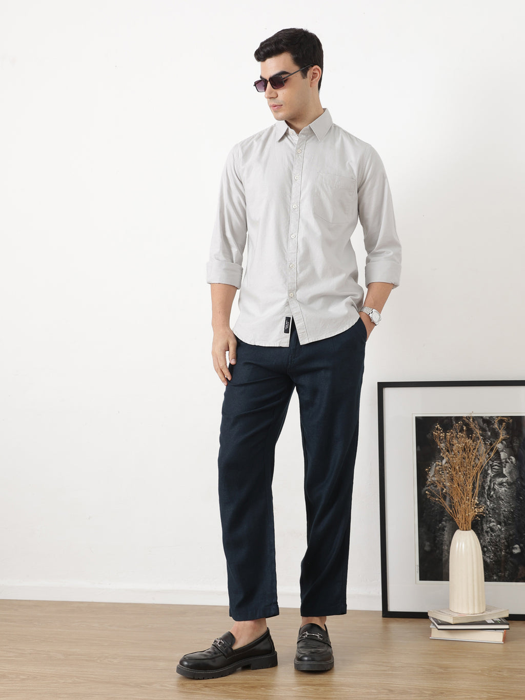 Light Grey Premium Slim Fit Long Sleeves Spread Collar Solid Cotton Oxford Casual Shirt For Men