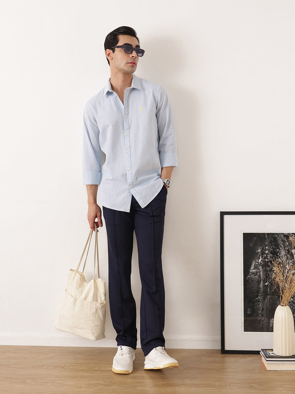 Thomas Scott Men Blue Premium Regular Fit Long Sleeves Spread Collar Gingham Checks Cotton Linen Casual Shirt