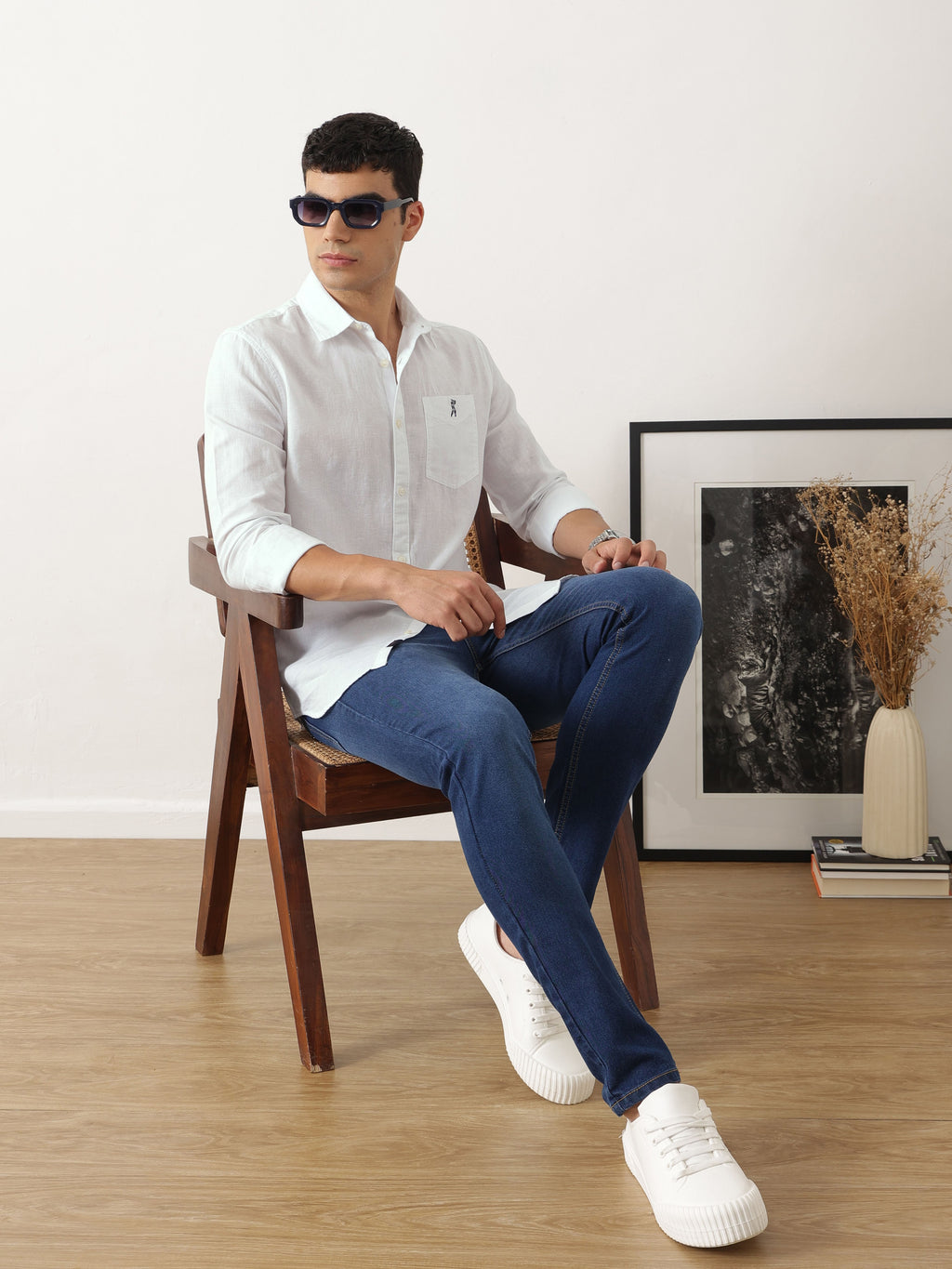 Thomas Scott Men Premium White Slim Fit Solid Spread Collar Cotton Linen Casual Shirt with Long Sleeves