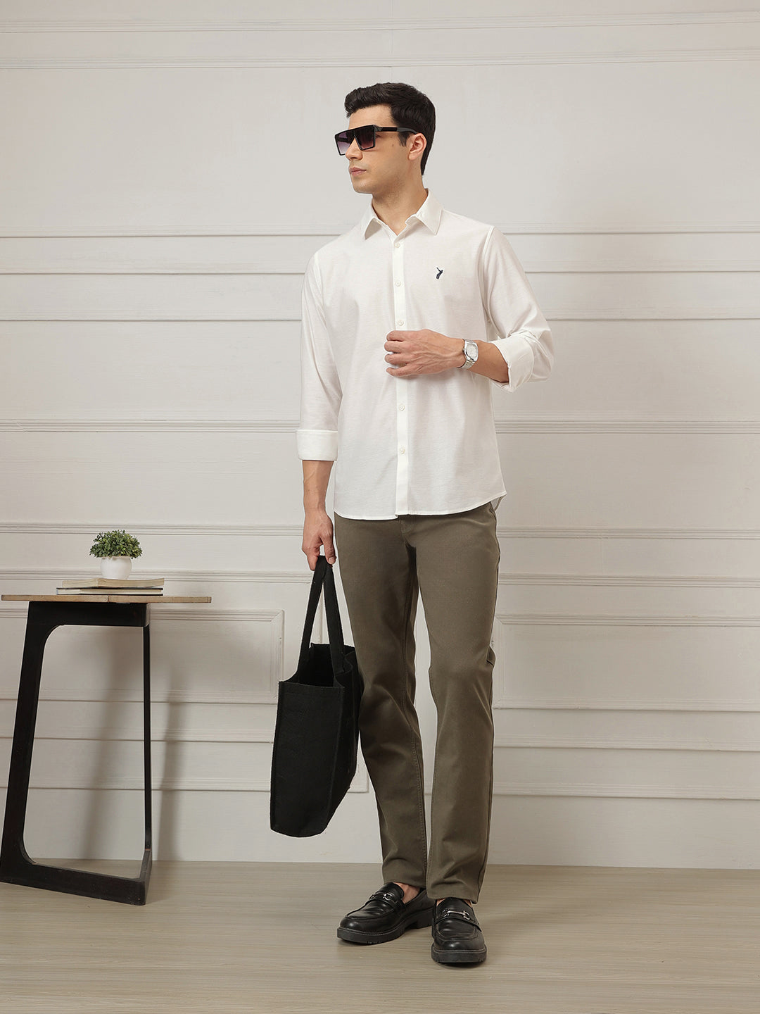 Off White Premium Regular Fit Long Sleeves Spread Collar Solid Knitted Casual Shirt For Men