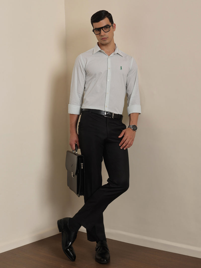 Thomas Scott Men Premium Green Regular Fit Vertical Striped Cotton Formal Shirt with Spread Collar & Full Sleeves