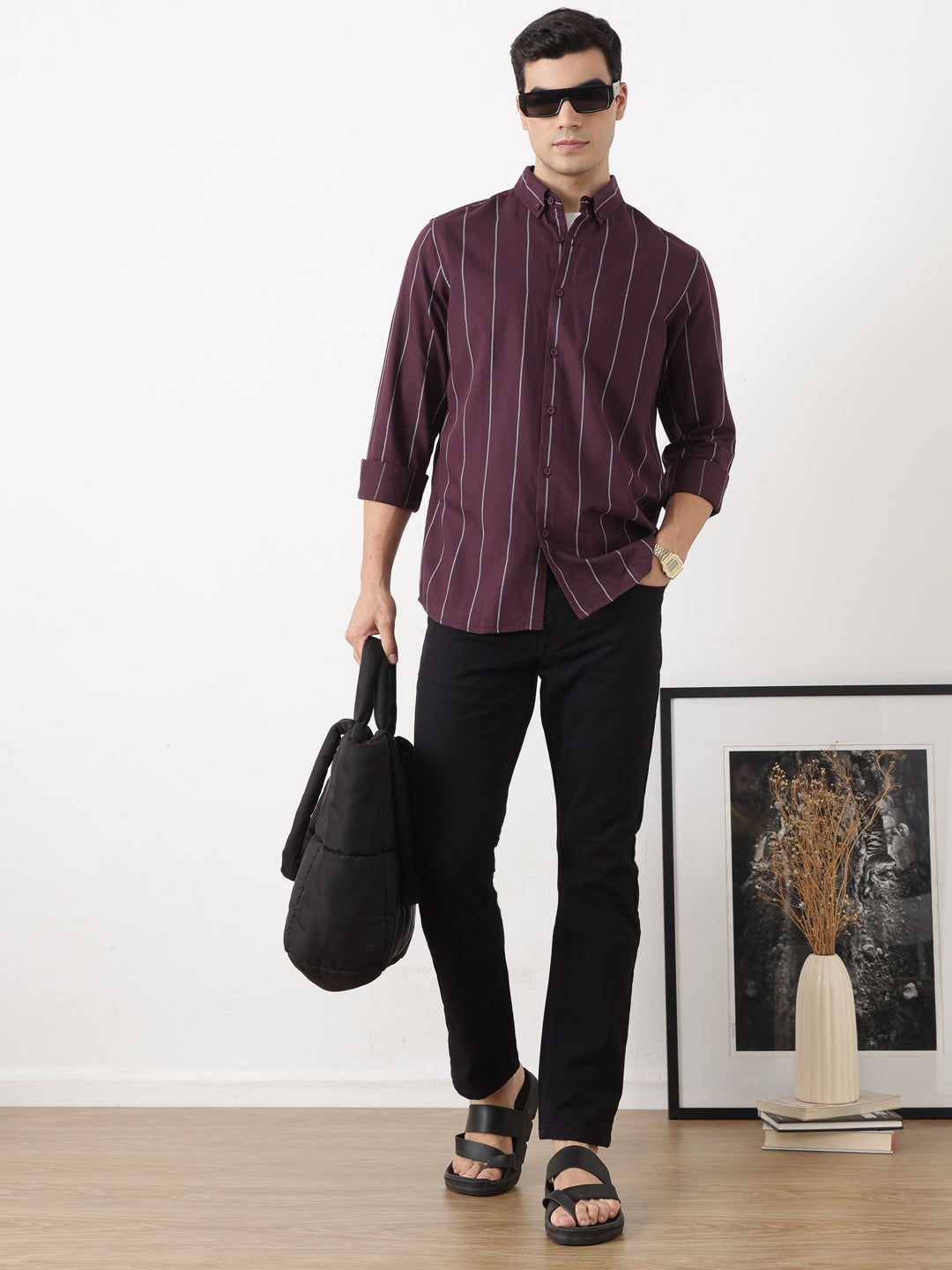 Maroon Slim Fit Long Sleeves Button-Down Collar Vertical Stripes Cotton Twill Casual Shirt For Men