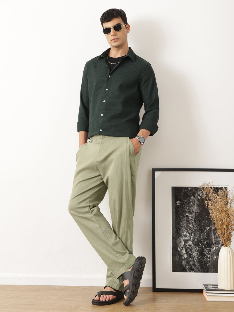 Thomas Scott Men Olive Smart Solid Regular Fit Woven Linen Pleated Trousers