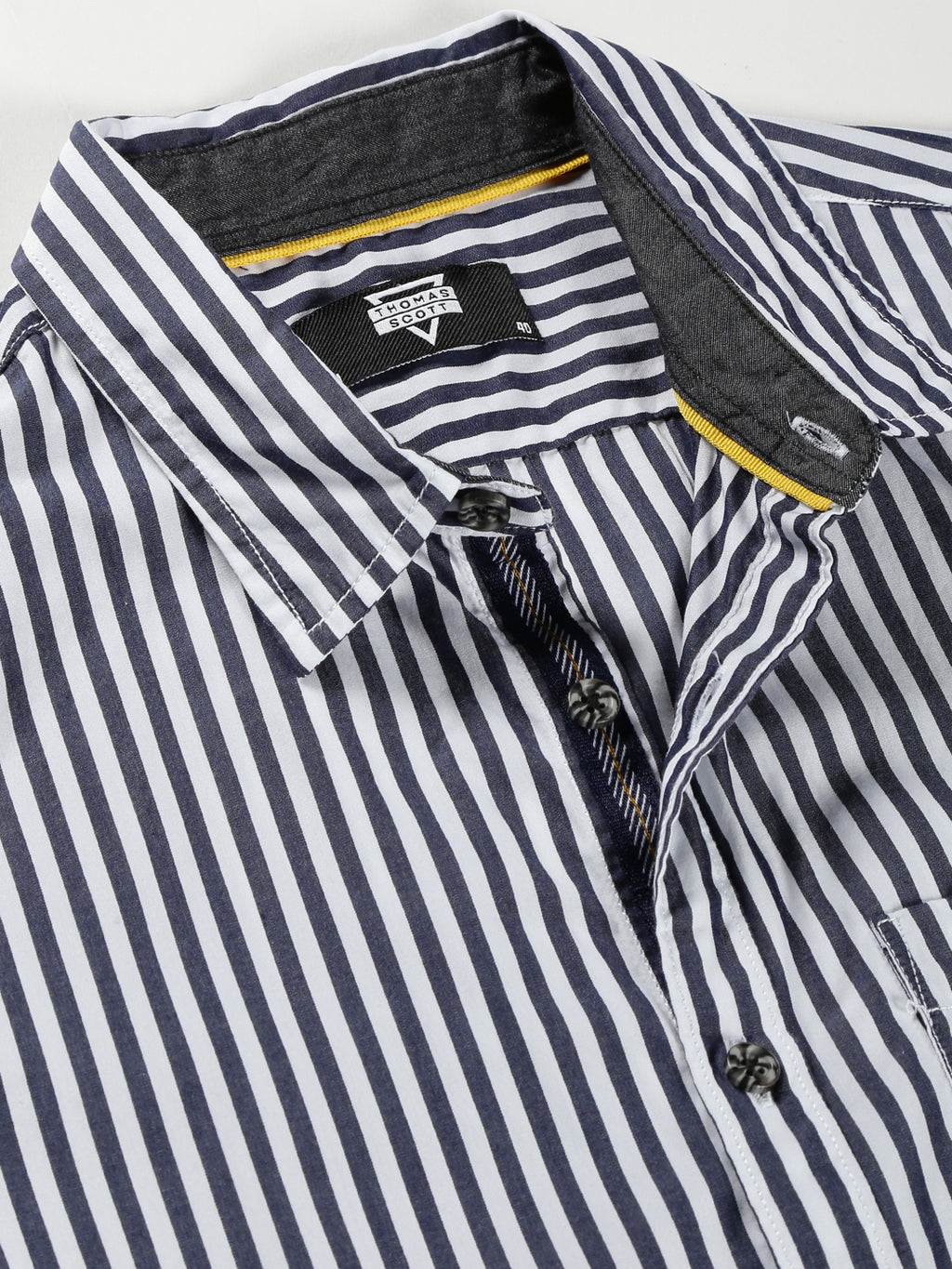 Thomas Scott Men Dark Navy Classic Slim Fit Long Sleeves Spread Collar Vertical Stripes Cotton Casual Shirt