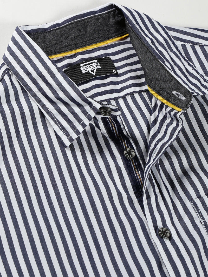 Thomas Scott Men Dark Navy Classic Slim Fit Long Sleeves Spread Collar Vertical Stripes Cotton Casual Shirt