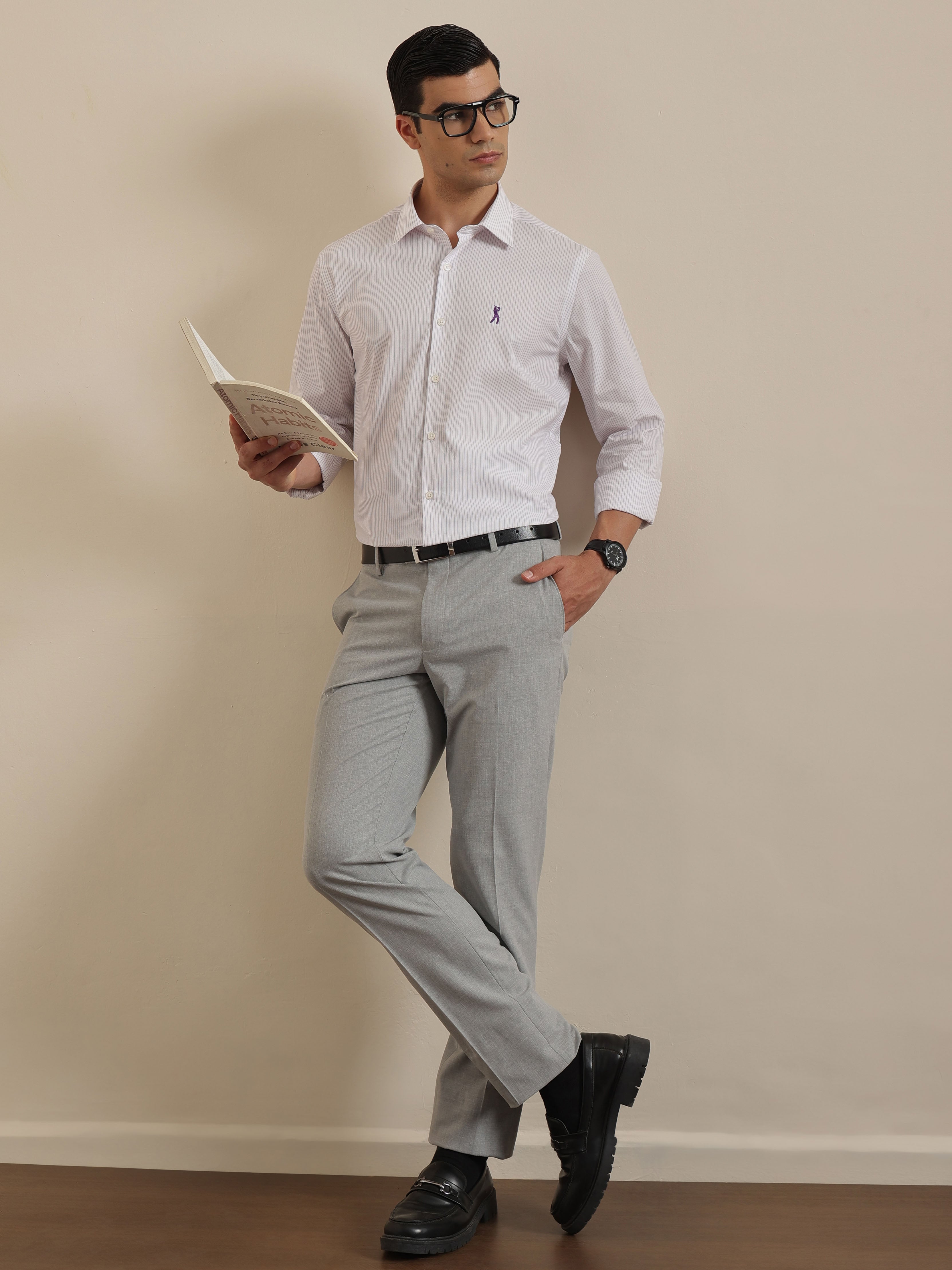 Thomas Scott Men Premium Purple Regular Fit Vertical Striped Cotton Formal Shirt with Spread Collar & Full Sleeves