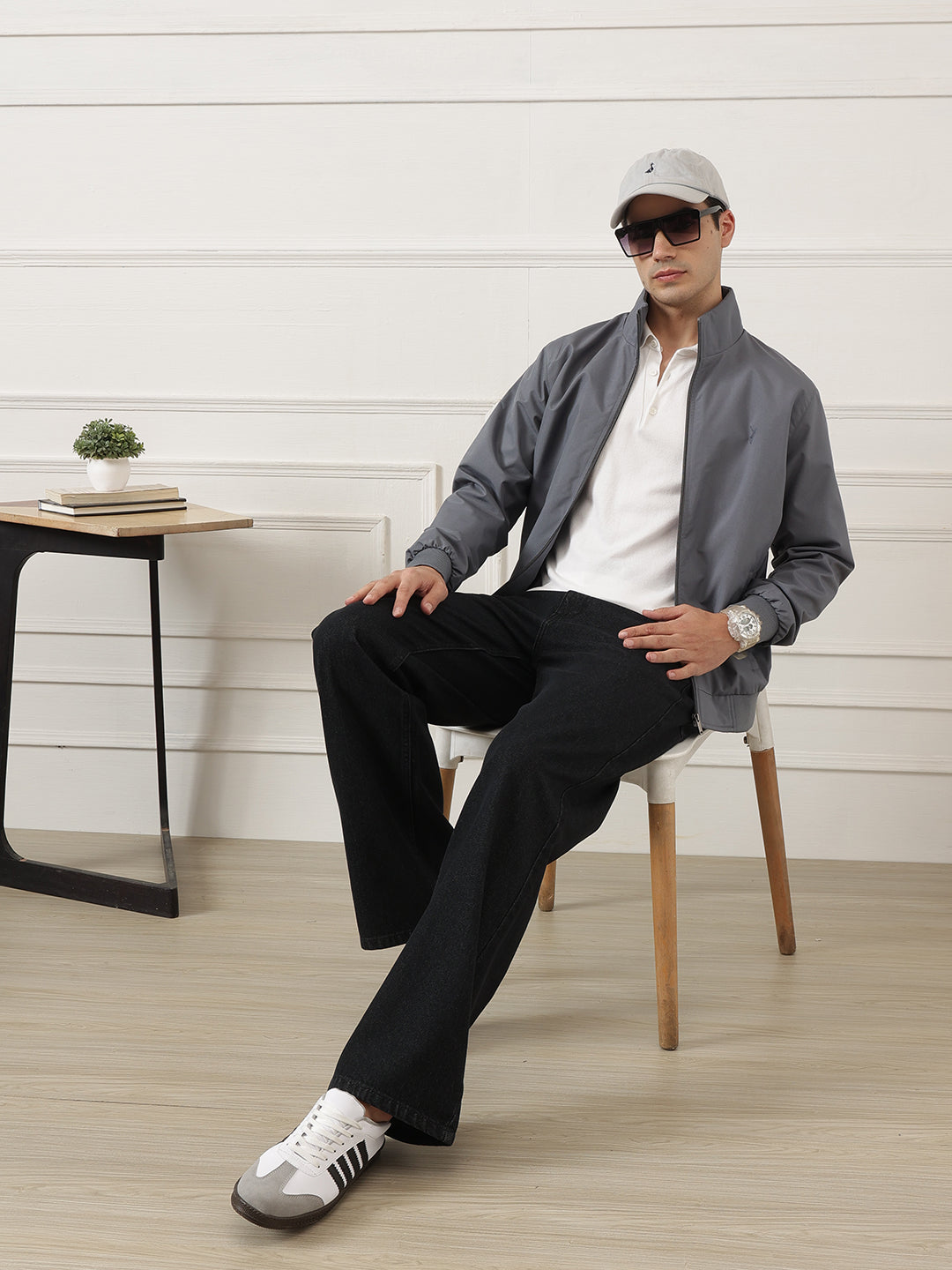 Grey Regular Fit Solid Full Sleeves Stand Collar Zip-Front Casual Bomber Jacket For Men