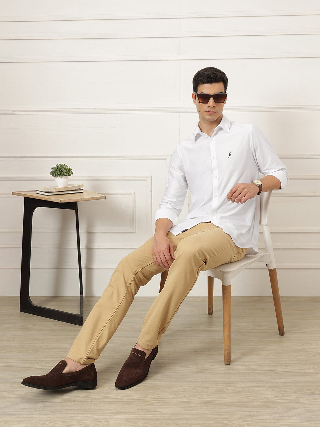 White Premium Regular Fit Long Sleeves Spread Collar Solid Knitted Casual Shirt For Men