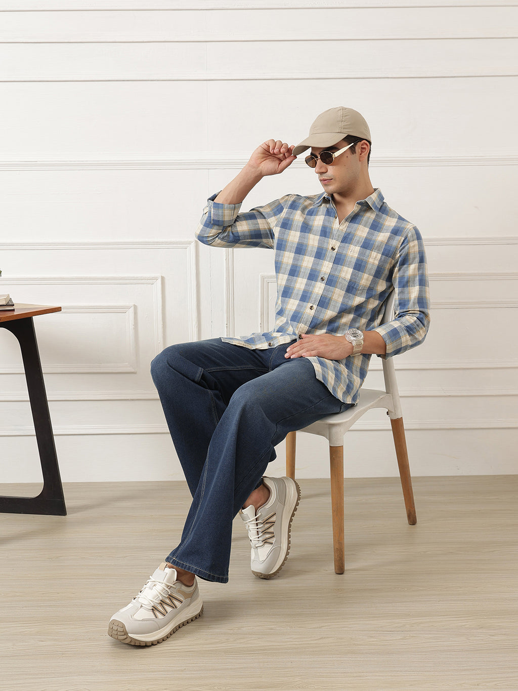 Blue Premium Slim Fit Graphic Checked Cotton Linen Casual Shirt For Men