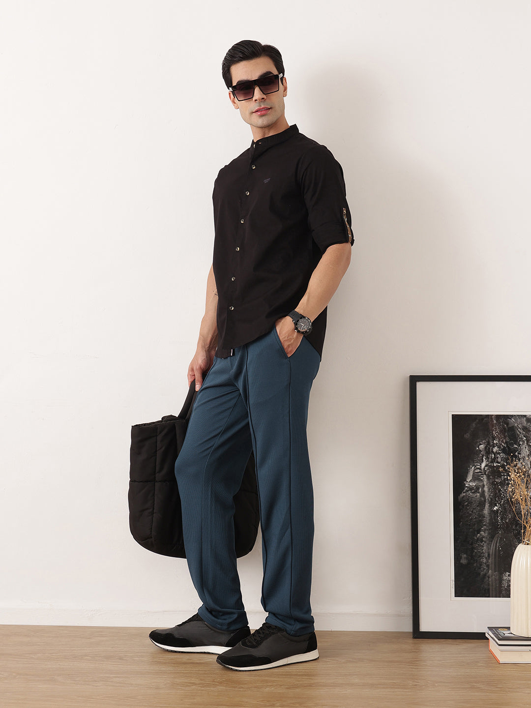 Thomas Scott Men Blue Smart Regular Fit Mid-Rise Textured Pleated Knitted Casual Trousers with Drawstring Closure