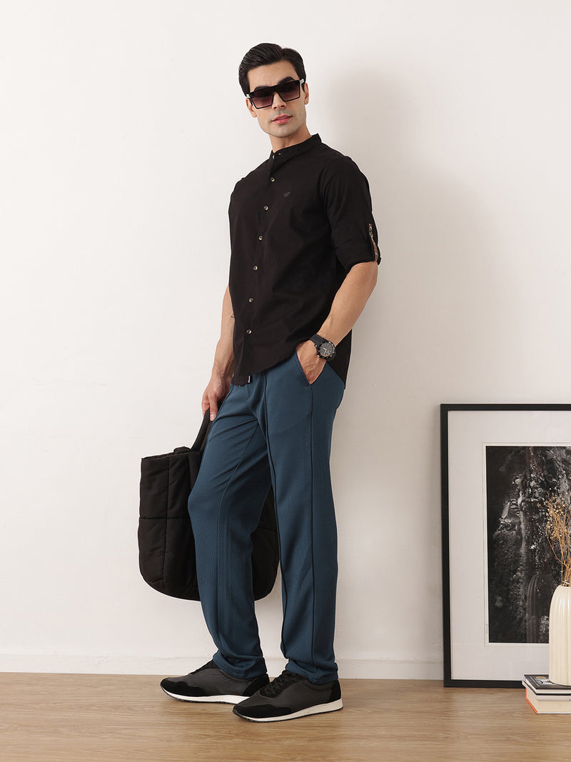 Thomas Scott Men Blue Smart Regular Fit Mid-Rise Textured Pleated Knitted Casual Trousers with Drawstring Closure