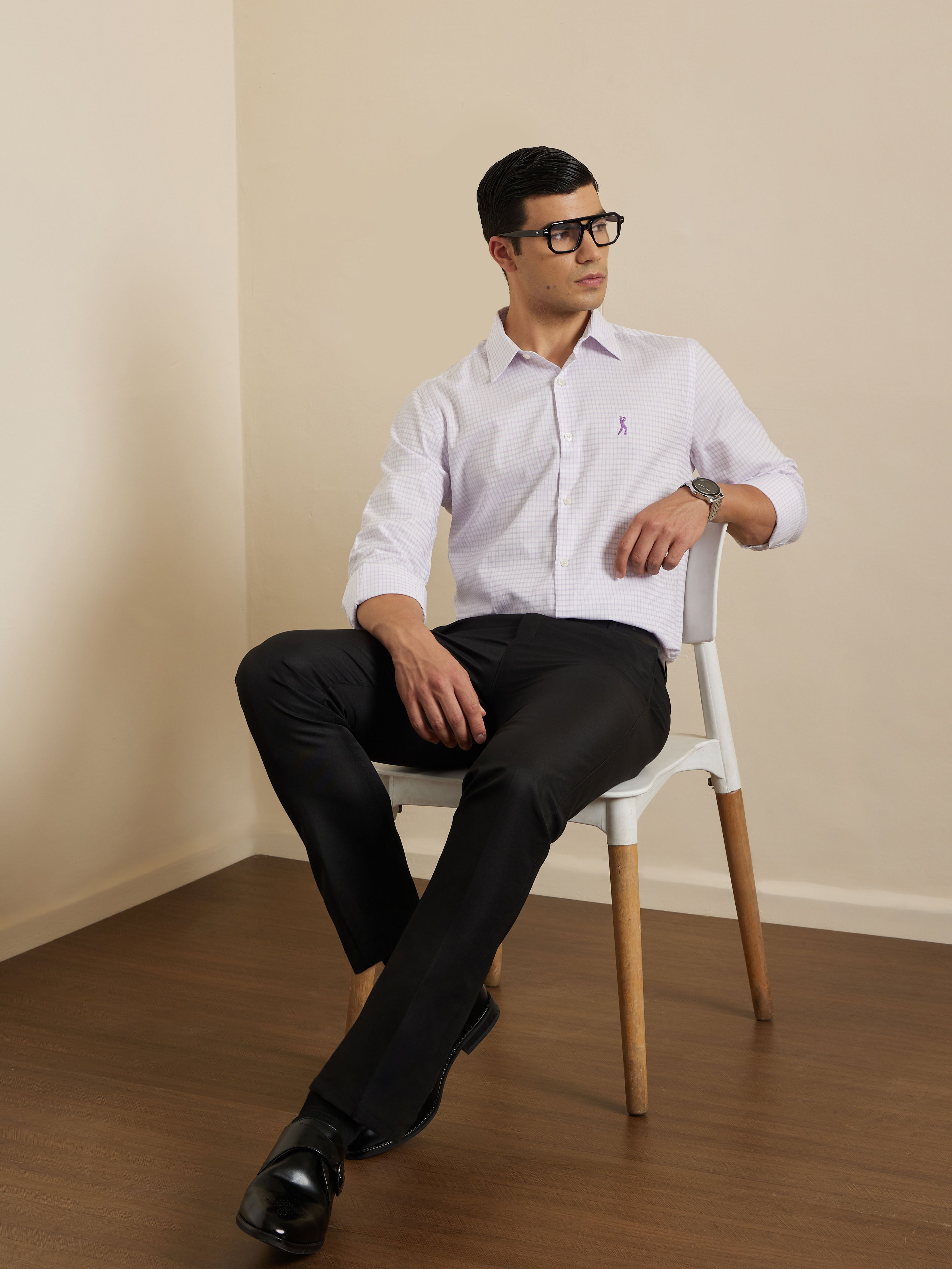 Thomas Scott Men Premium Violet Gingham Checks Cotton Formal Shirt with Spread Collar & Full Sleeves