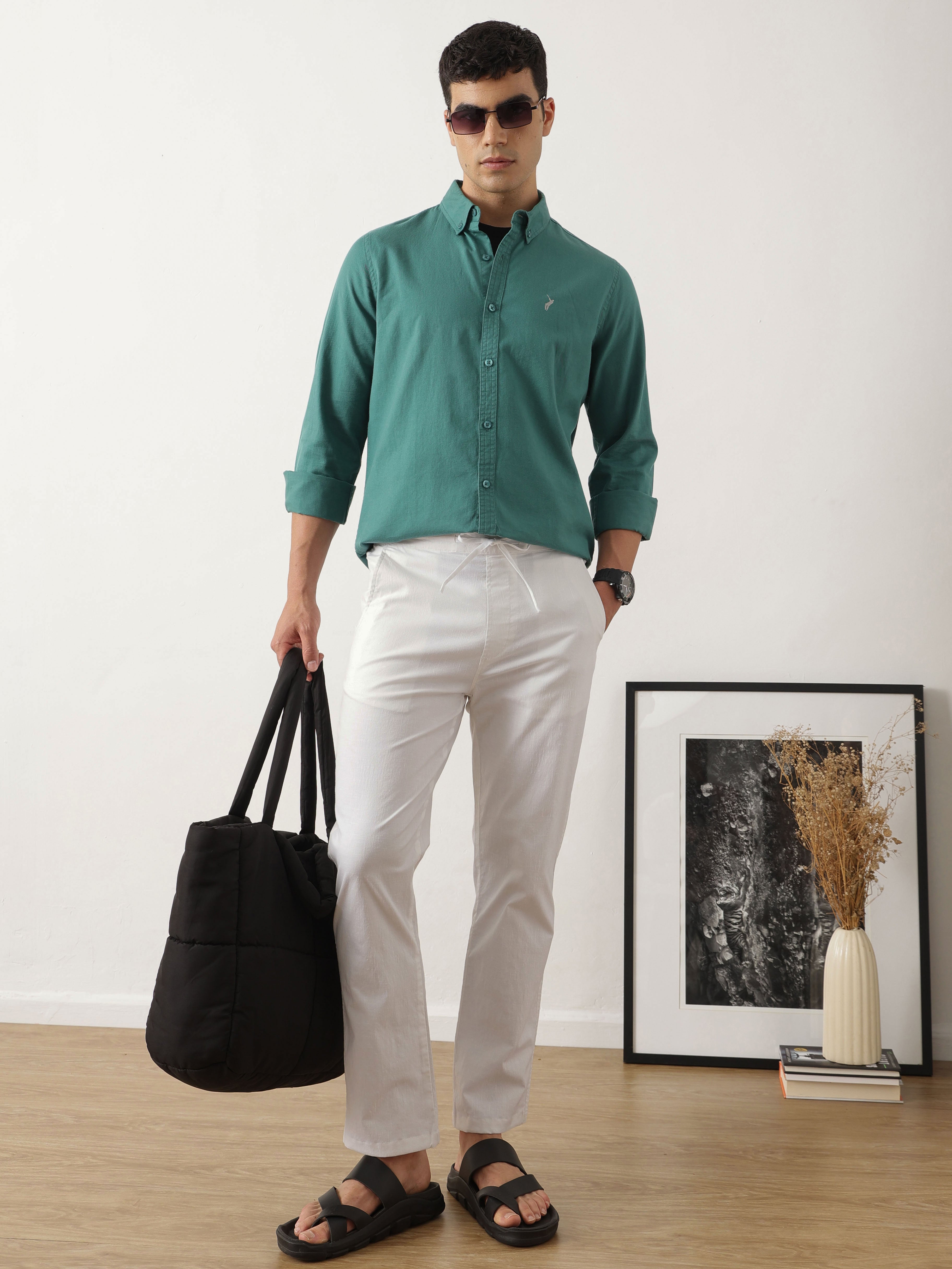Thomas Scott Men Smart White Optical Regular Fit Mid-Rise Solid Woven Cotton Linen Trouser