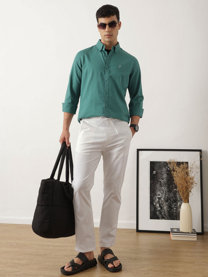 Thomas Scott Men Smart White Optical Regular Fit Mid-Rise Solid Woven Cotton Linen Trouser