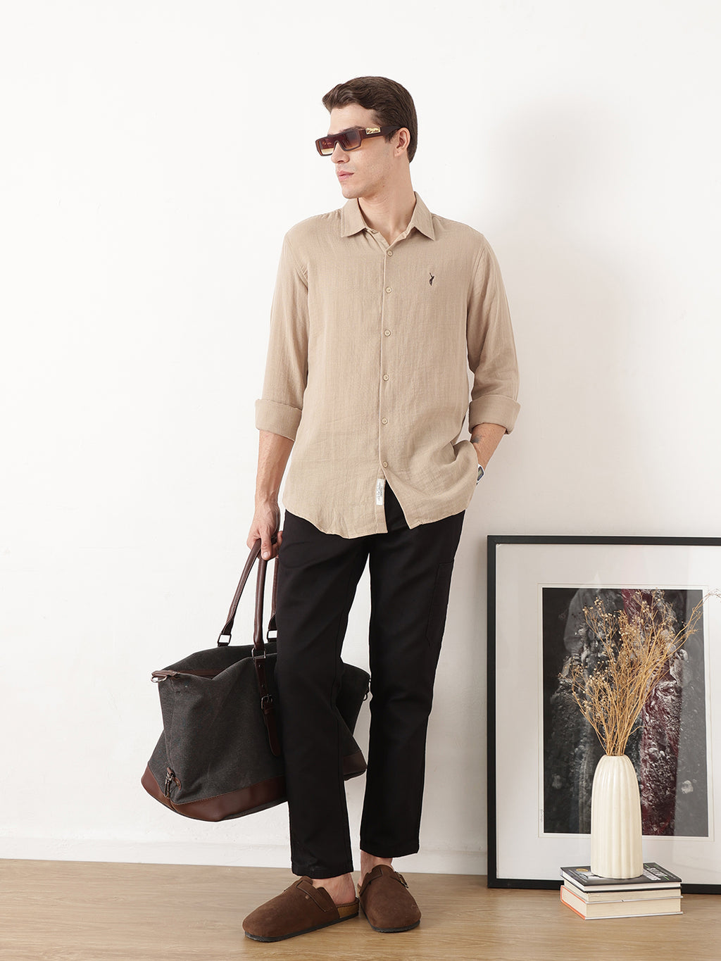 Beige Premium Regular Fit Long Sleeves Spread Collar Solid Cotton Casual Shirt For Men