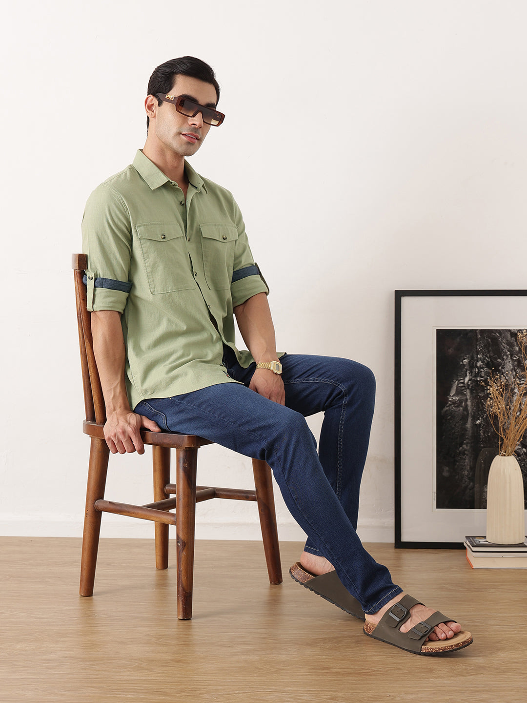 Thomas Scott Men Olive Premium Slim Fit Long Roll-Up Sleeves Spread Collar Solid Cotton Casual Shirt with Flap Pockets