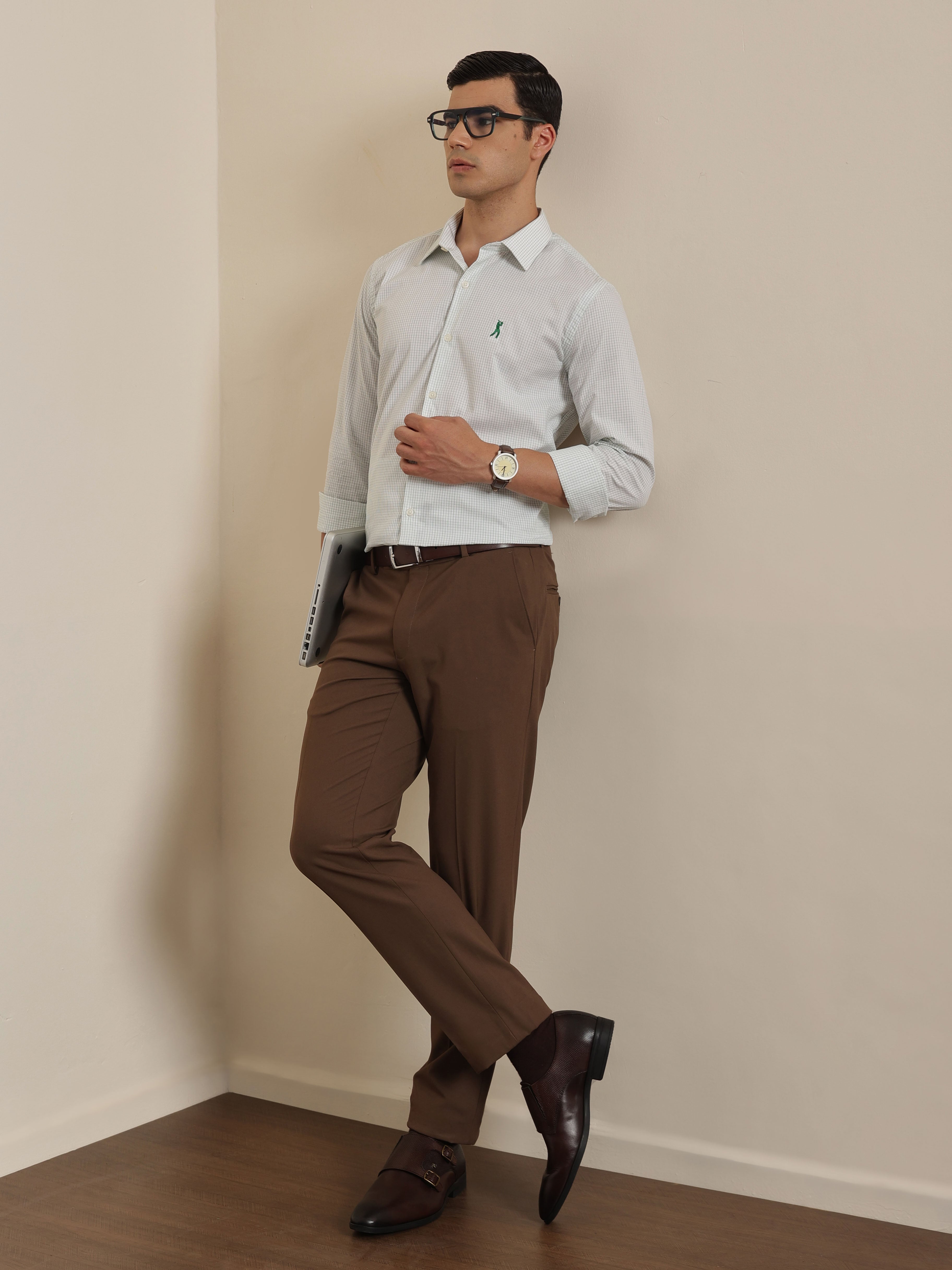 Thomas Scott Men Premium Green Regular Fit Long Sleeves Spread Collar Micro Checks Cotton Formal Shirt