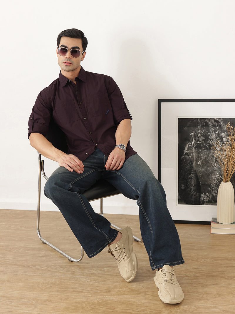 Thomas Scott Men Premium Wine Slim Fit Long Roll-Up Sleeves Spread Collar Solid Cotton Casual Shirts