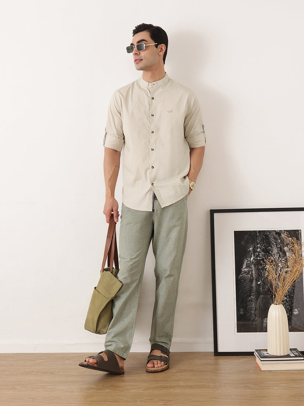 Thomas Scott Men Beige Premium Regular Fit Long Roll-Up Sleeves Mandarin Collar Solid Cotton Casual Shirts