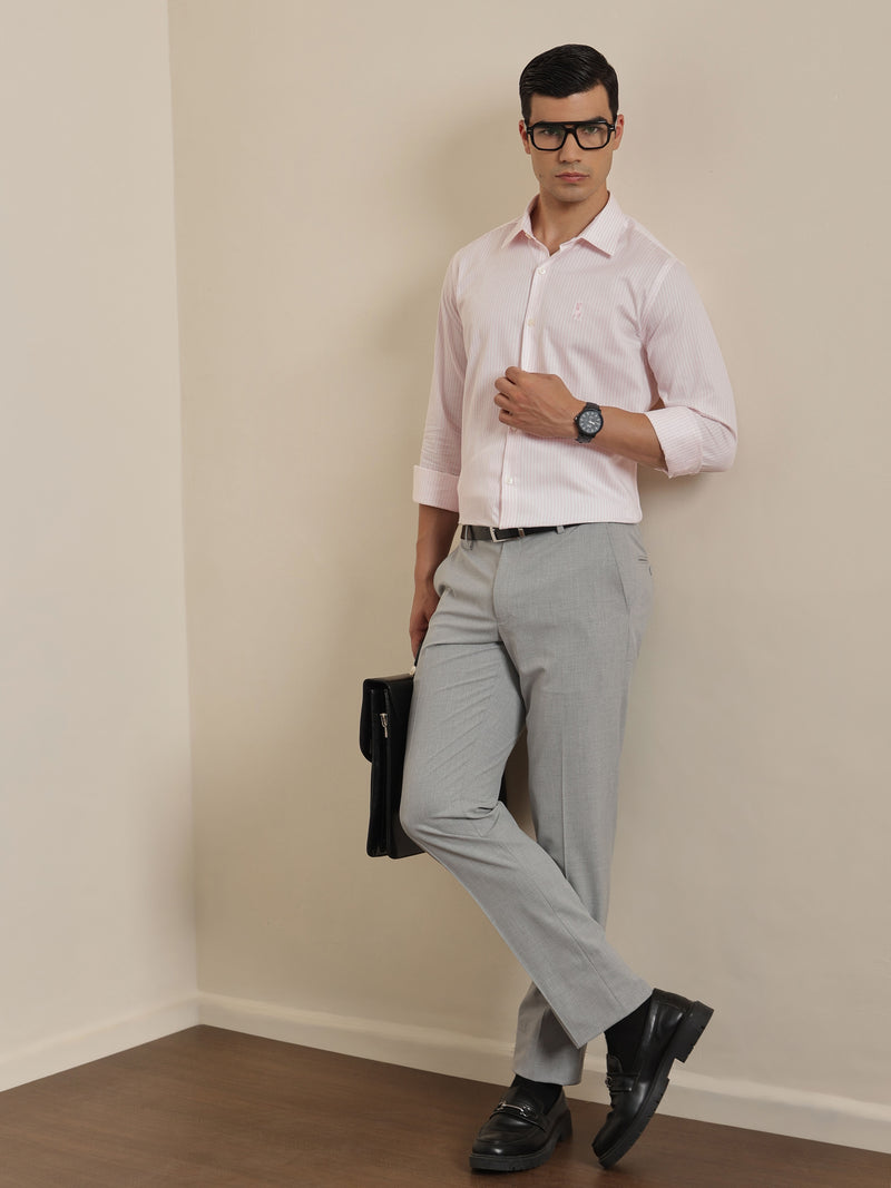 Thomas Scott Men Premium Pink Vertical Stripes Cotton Formal Shirt with Spread Collar & Full Sleeves