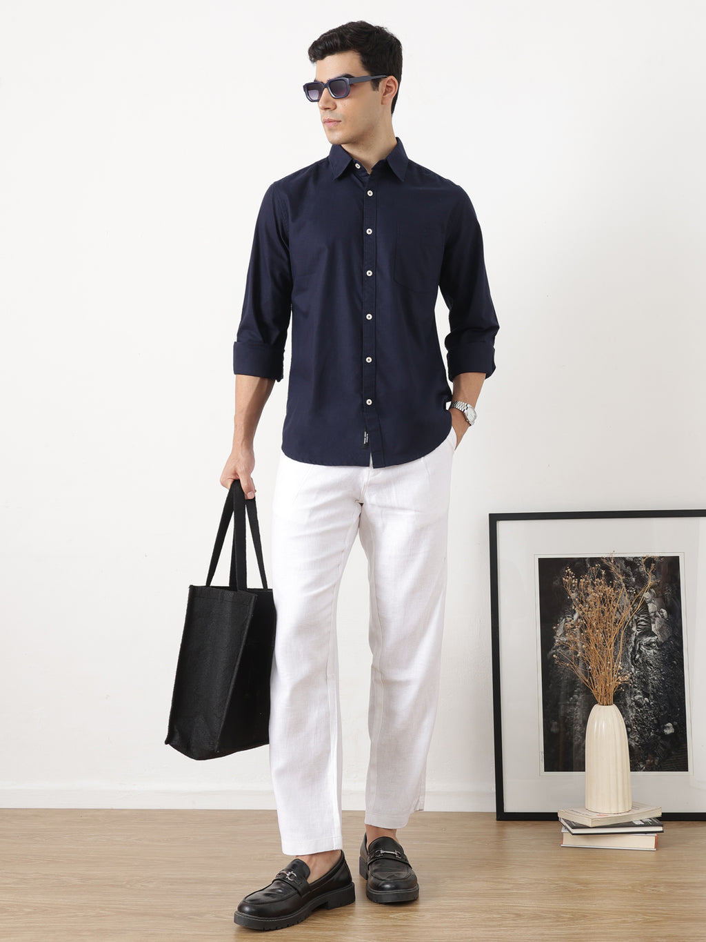 White Smart Straight Fit Mid-Rise Solid Easy Wash Pleated Woven Linen Chinos Trouser For Men