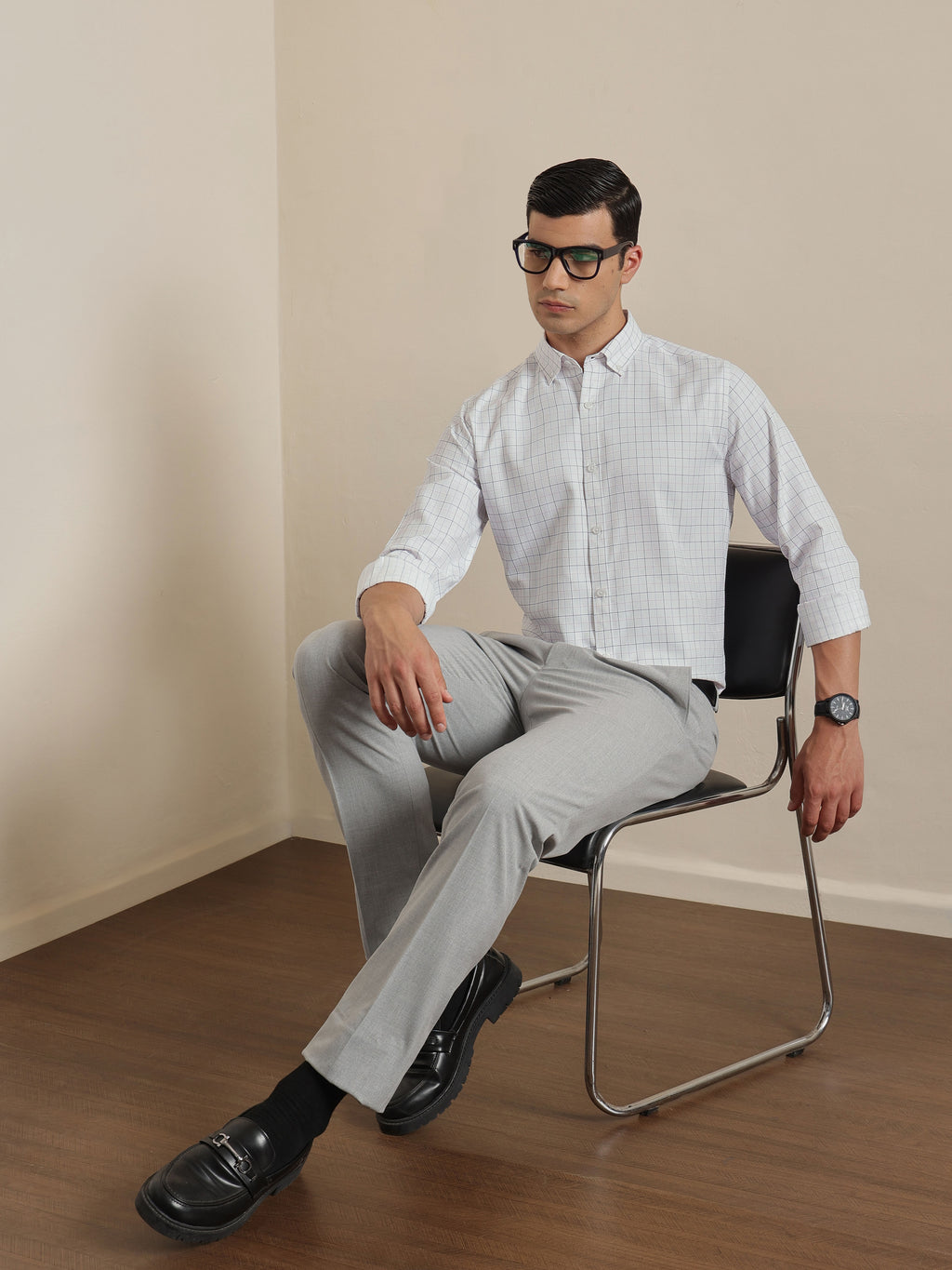 Thomas Scott Men Smart White Regular Fit Long Sleeves Button Down Collar Windowpane Checks Formal Shirt