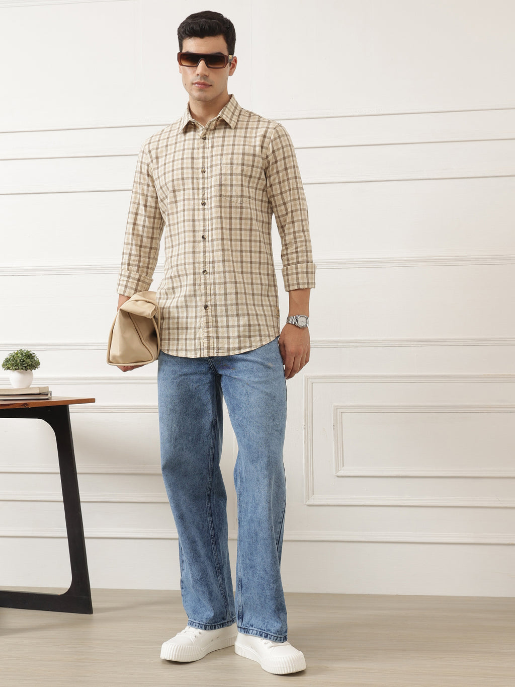 Khaki Premium Slim Fit Graphic Checked Cotton Linen Casual Shirt For Men