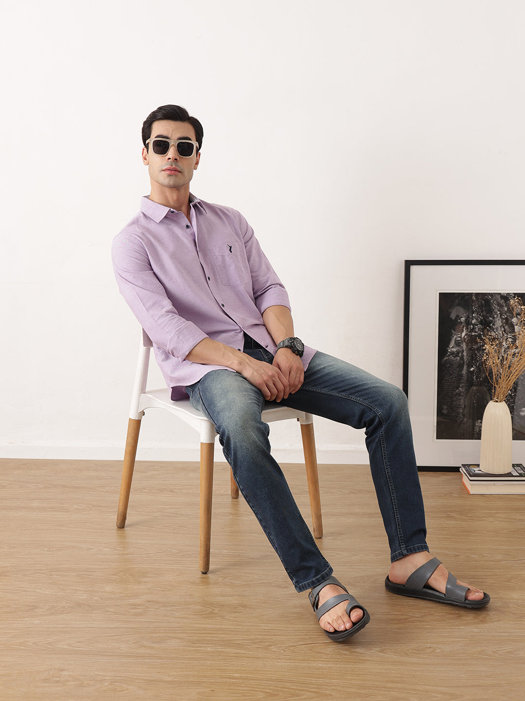 Thomas Scott Men Purple Premium Slim Fit Long Sleeves Spread Collar Solid Cotton Twill Casual Shirt