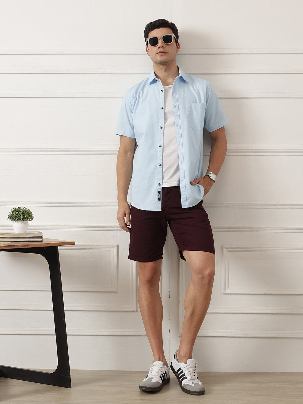 Sky Blue Regular Fit Short Sleeve Spread Collar Solid Oxford Cotton Casual Shirt For Men