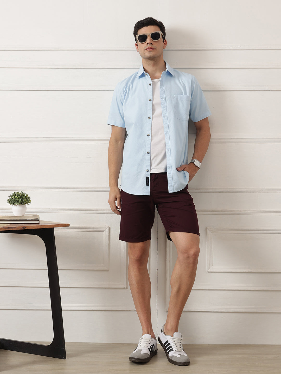Sky Blue Regular Fit Short Sleeve Spread Collar Solid Oxford Cotton Casual Shirt For Men