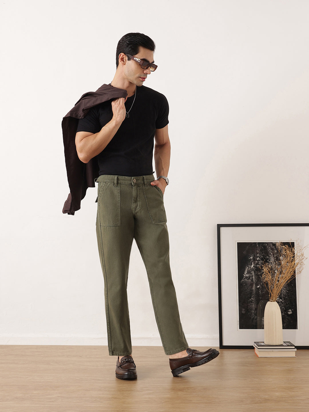 Thomas Scott Men Olive Smart Straight Fit Mid-Rise Solid Flat-Front Woven Trousers