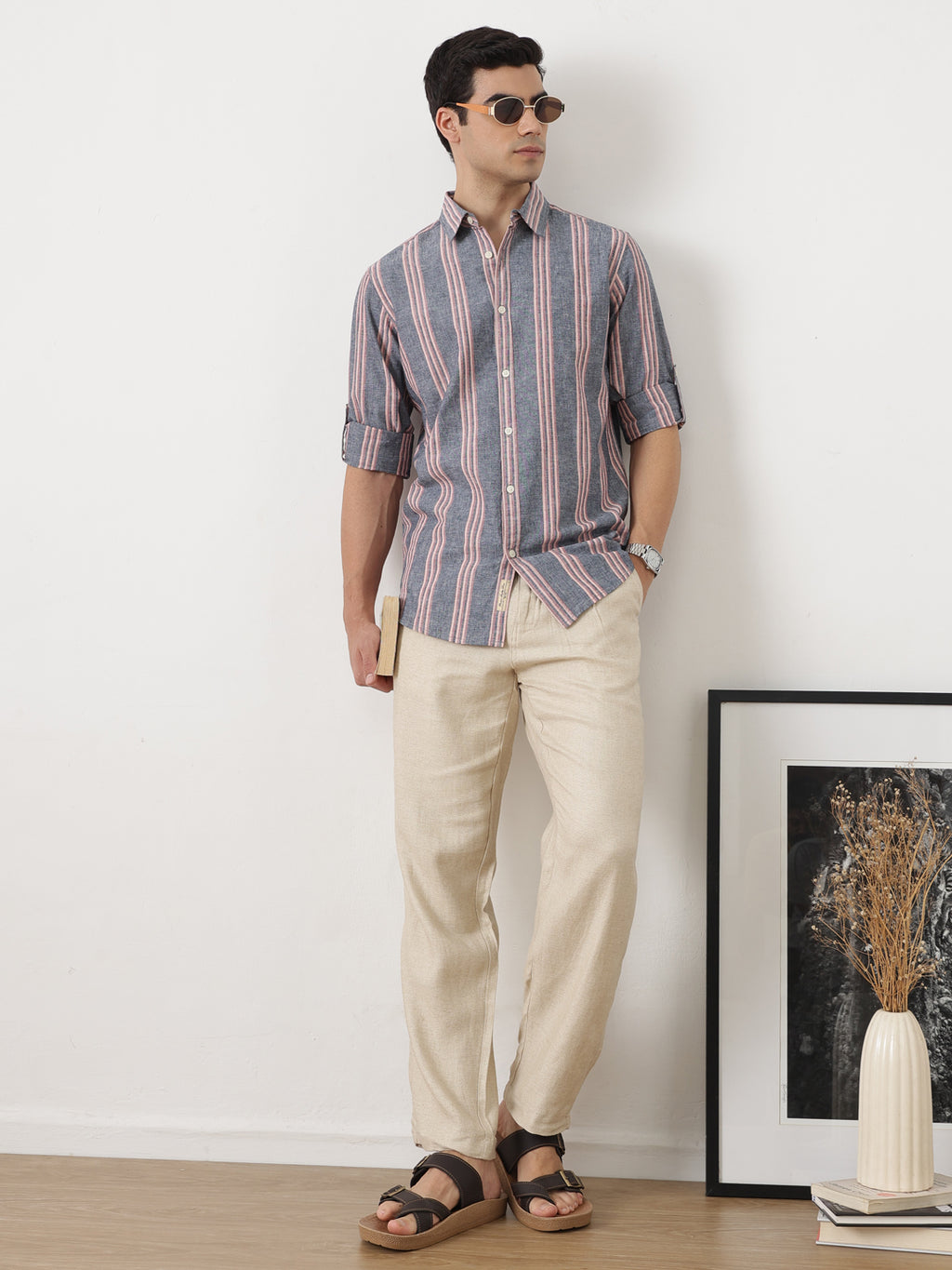 Natural Smart Straight Fit Mid-Rise Solid Easy Wash Pleated Woven Linen Chinos Trouser For Men