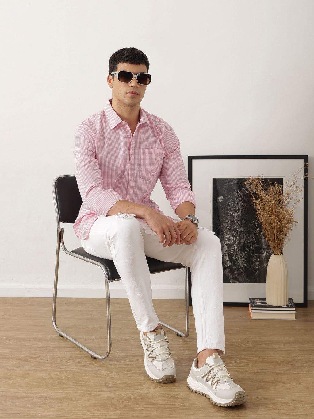 Thomas Scott Men Premium Pink Slim Fit Long Sleeves Spread Collar Gingham Checks Cotton Linen Casual Shirt