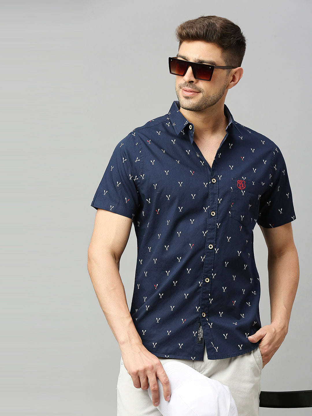 Thomas Scott Men Royal Navy Classic Short Sleeves Slim Fit Spread Collar Conversational Printed Cotton Casual Shirt