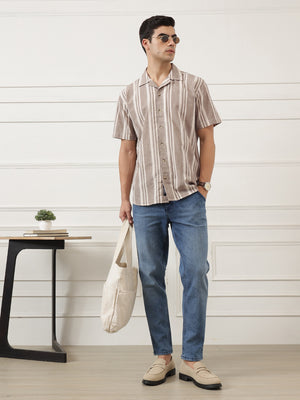 Brown Oversized Fit Vertical Stripes Cuban Collar Cotton Linen Casual Shirt For Men