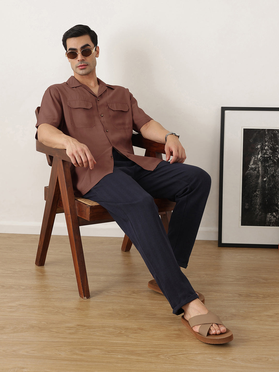 Thomas Scott Men Premium Rust Oversize Fit Short Sleeves Cuban Collar Textured Casual Shirt