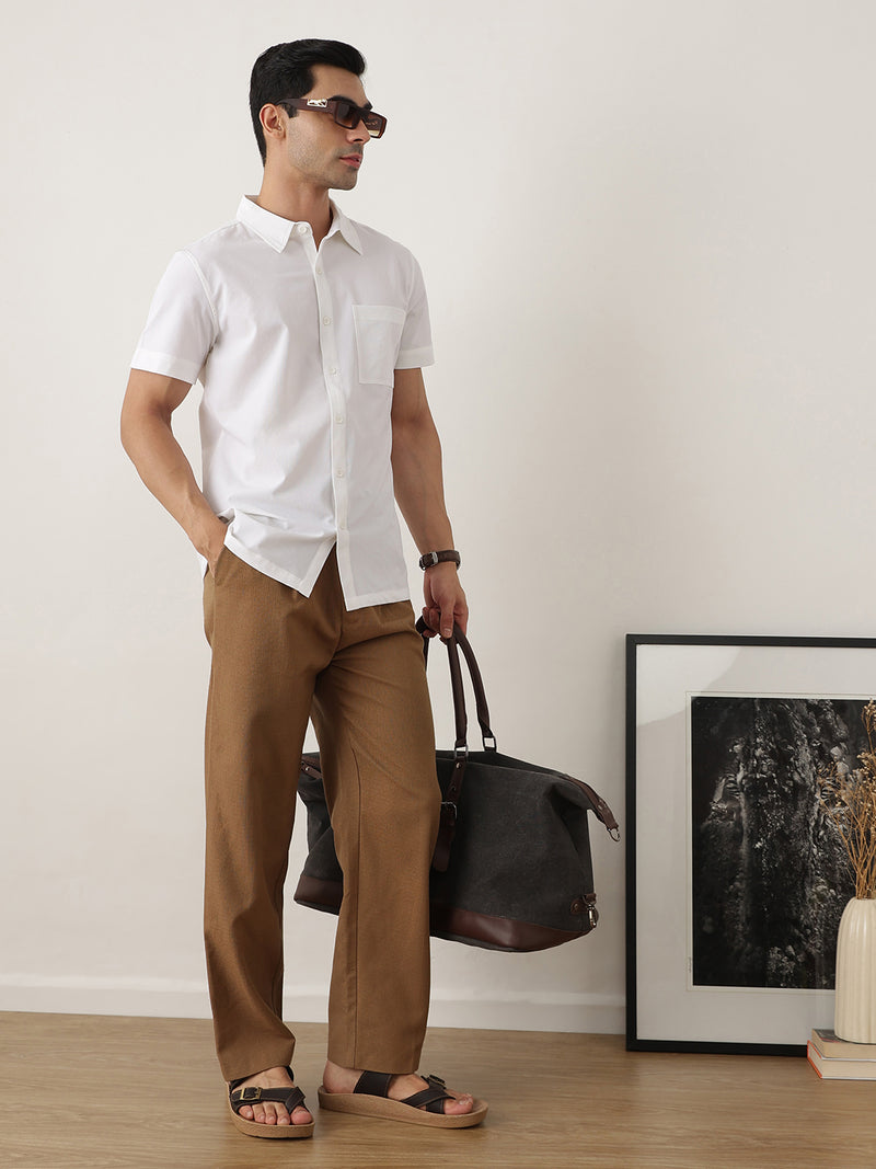 Thomas Scott Men Premium White Slim Fit Short Sleeves Spread Collar Solid Casual Shirt
