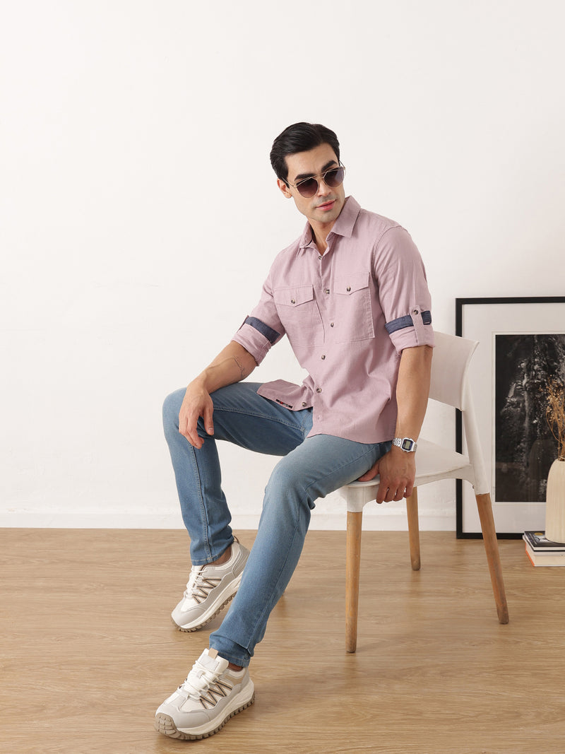 Thomas Scott Men Lilac Premium Slim Fit Long Roll-Up Sleeves Spread Collar Solid Cotton Casual Shirt with Flap Pockets