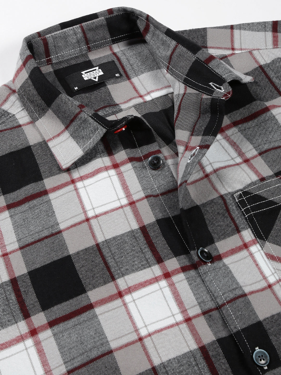 Thomas Scott Men Black Classic Oversize Fit Long Sleeves Spread Collar Tartan Checks Knitted Casual Shirt