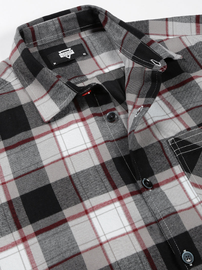 Thomas Scott Men Black Classic Oversize Fit Long Sleeves Spread Collar Tartan Checks Knitted Casual Shirt