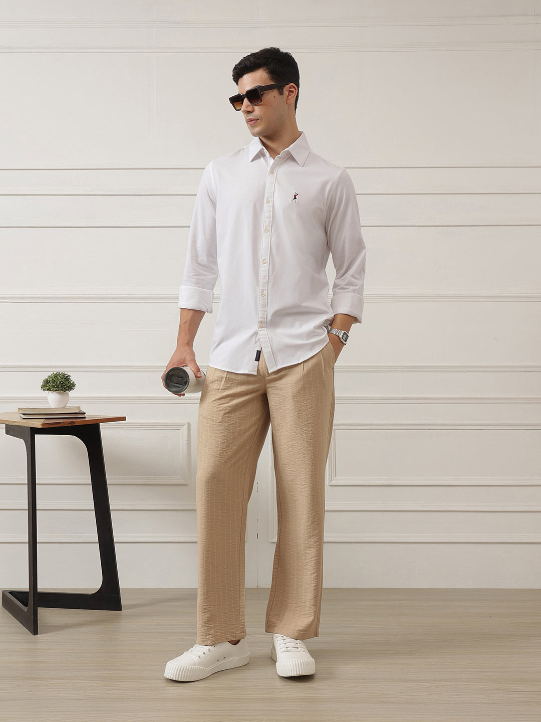 White Premium Regular Fit Spread Collar Full Sleeve Solid Cotton Casual Shirt For Men