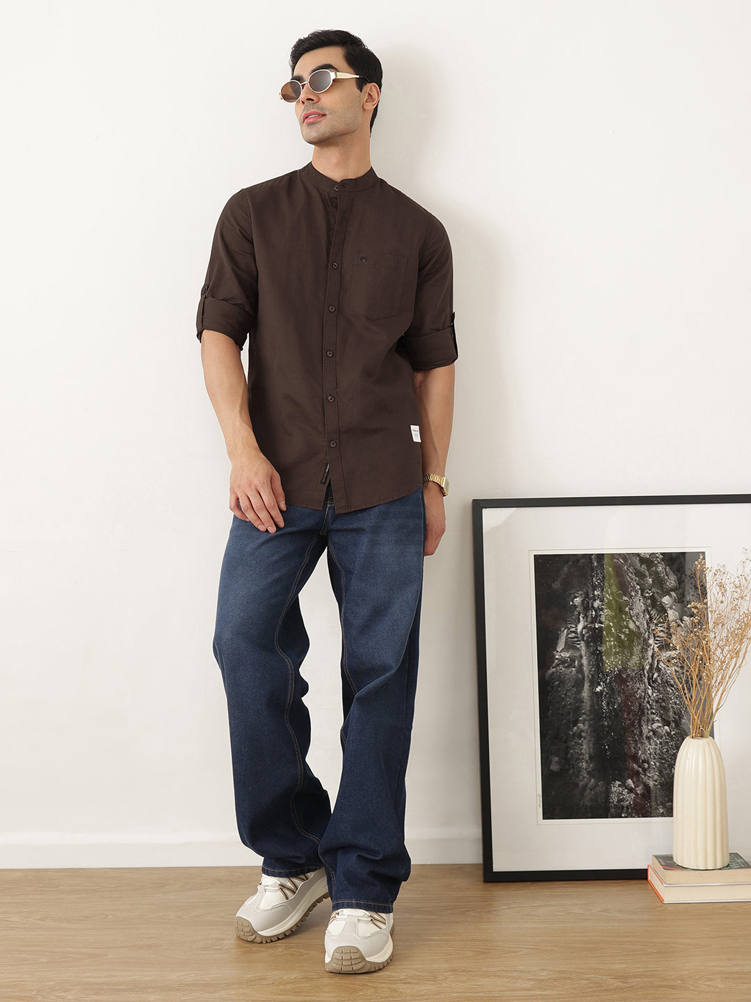 Thomas Scott Men Premium Brown Slim Fit Long Sleeves Mandarin Collar Solid Cotton Linen Casual Shirt