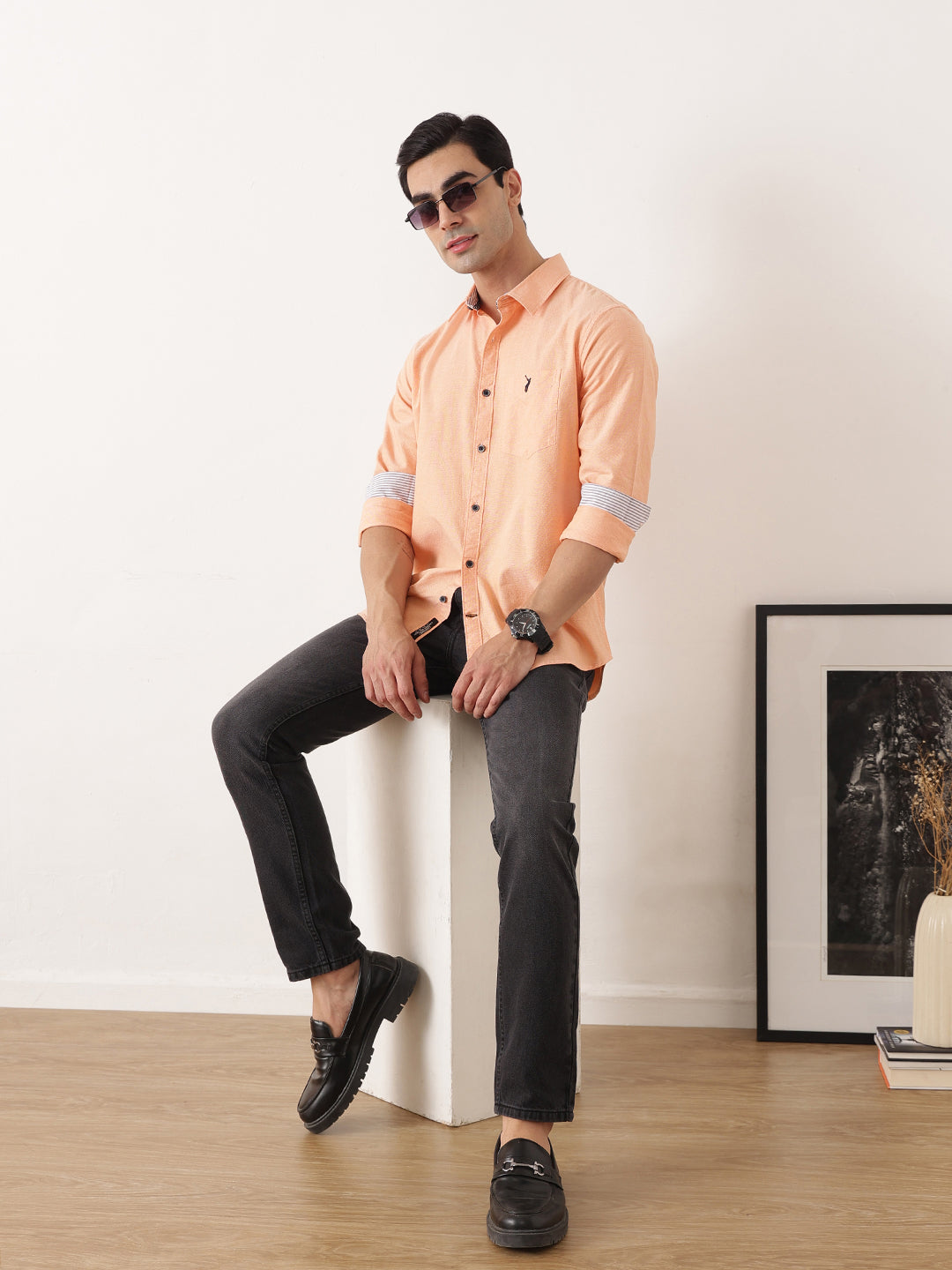 Thomas Scott Men Orange Premium Slim Fit Long Sleeves Spread Collar Solid Cotton Twill Casual Shirt